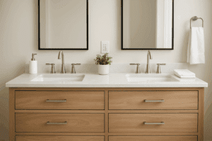 a real wood bathroom vanity cabinets with a beautiful top and two sinks